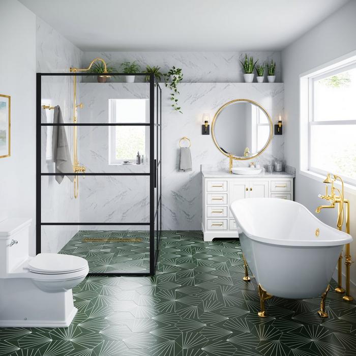 Wet room with the Freestanding Telephone Tub Faucet, Alliston Exposed Pipe Shower with Hand Shower in Polished Brass