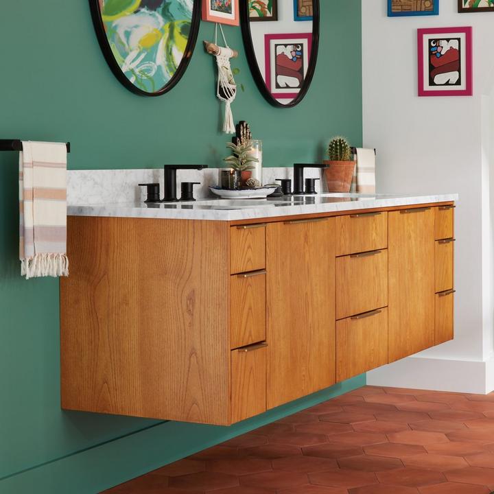 72" Dita Wall-Mount Double Vanity in Honey Oak for wet room bathroom ideas