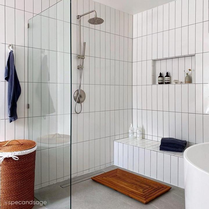 open bathroom concept with the Bostonian Rainfall Shower Head in brushed nickel