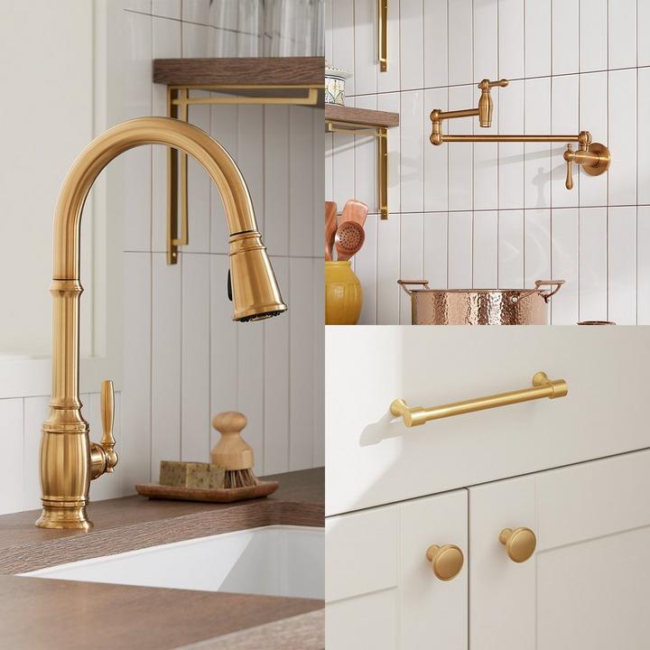 Finnian Kitchen Faucet, Traditional Wall-Mount Pot Filler Faucet in Brushed Gold, Strasbourg Cabinet Pull in Satin Brass