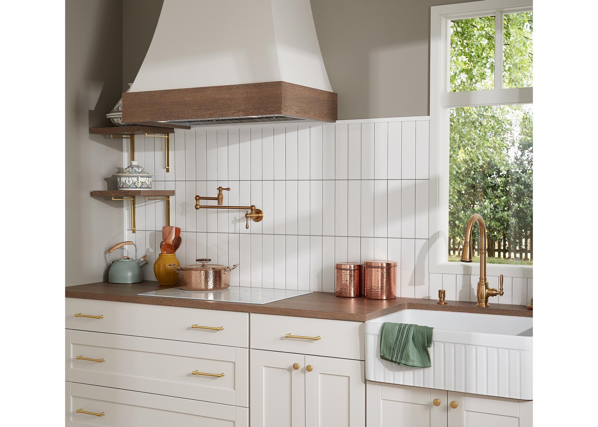 Traditional Wall-Mount Pot Filler Faucet in Brushed Gold, Strasbourg Cabinet Pull & Knob in Satin Brass for kitchen updates