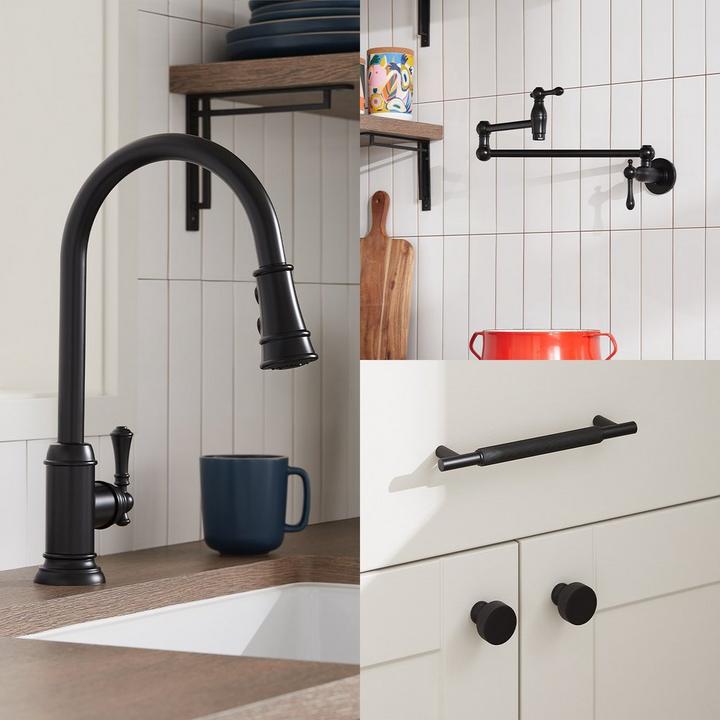Amberley Pull-Down Kitchen Faucet, Traditional Wall-Mount Pot Filler Faucet, Arles Knurled Cabinet Pull & Knob in Matte Black