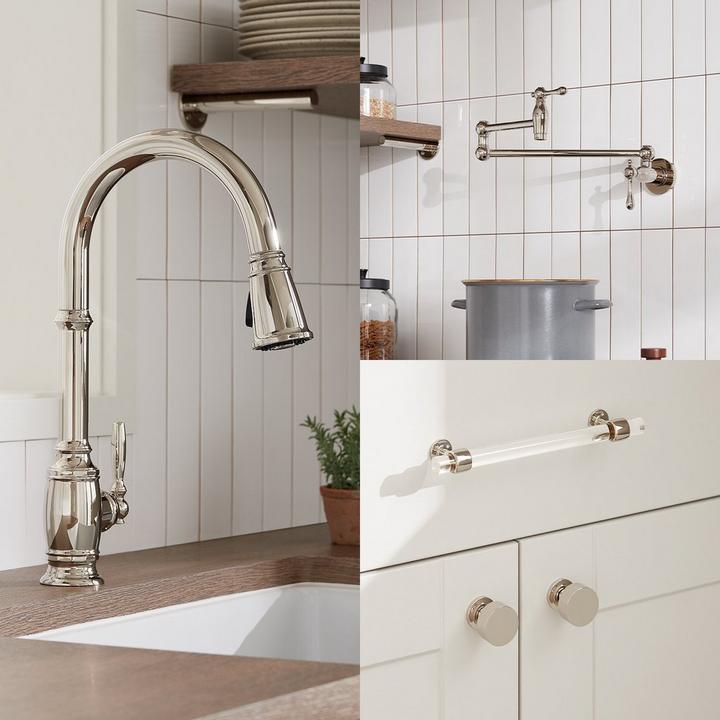 Finnian Kitchen Faucet, Traditional Wall-Mount Pot Filler Faucet, Beryn Cabinet Pull, Colmar Cabinet Knob in Polished Nickel
