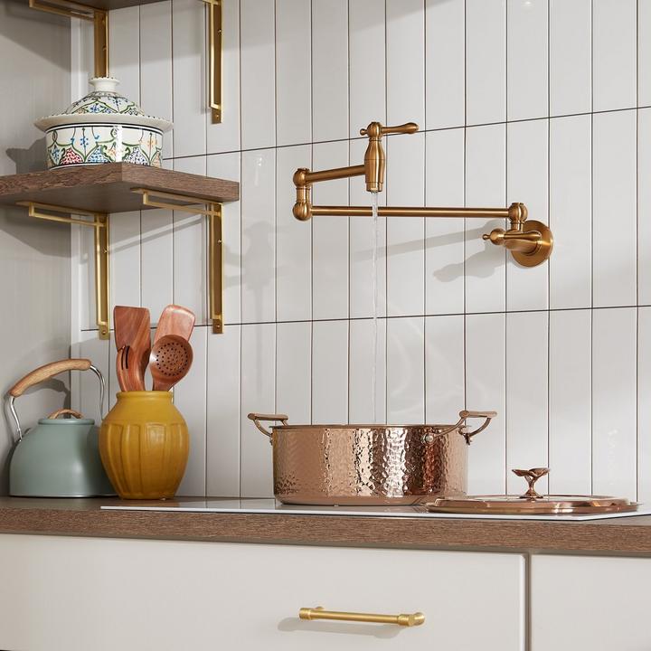 Traditional Retractable Wall-Mount Pot Filler Faucet in brushed gold for easy kitchen upgrade