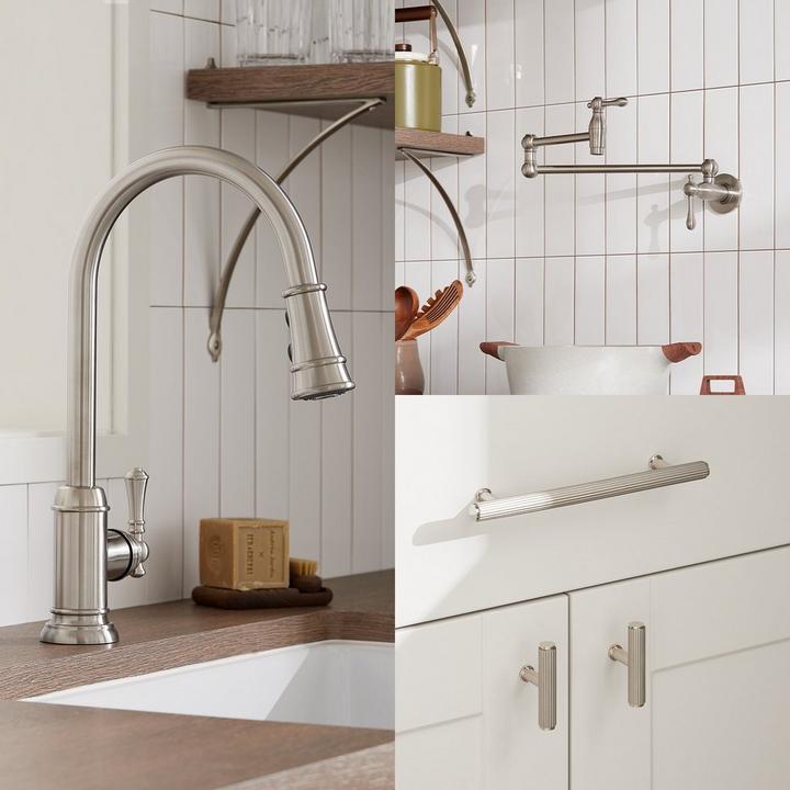 Amberley Kitchen Faucet, Traditional Pot Filler Faucet in Stainless Steel, Brixlee Reeded Cabinet Pull in Brushed Nickel