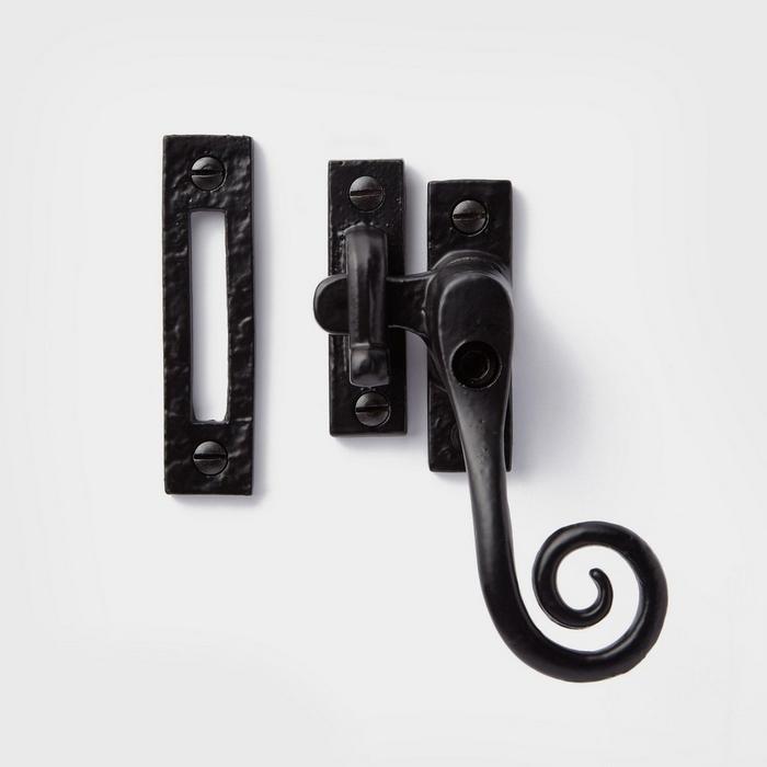 Iron Curly Window Fastener in Matte Black Powder Coat for traditional style window hardware
