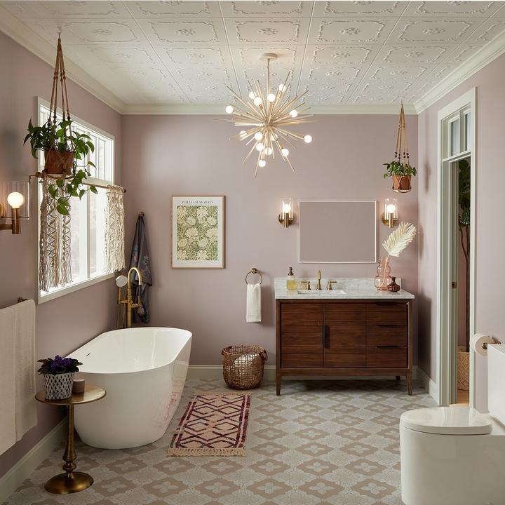 Modern victorian bathroom with the 48" Aliso Vanity, Hibiscus Freestanding Tub, Greyfield Bathroom Faucet, Tub Faucet