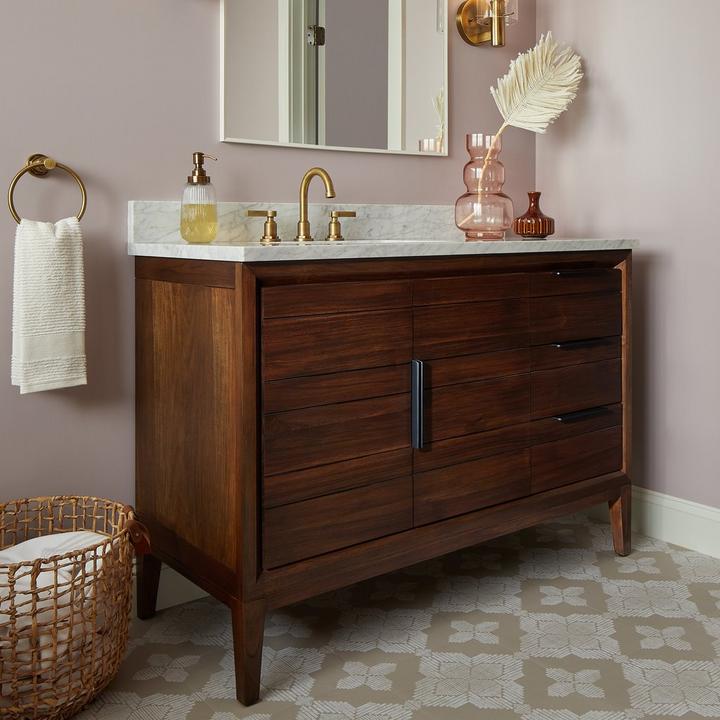Victorian style bathroom with 48" Aliso Teak Vanity for Left Offset in Java, Greyfield Faucet, Towel Ring in Aged Brass