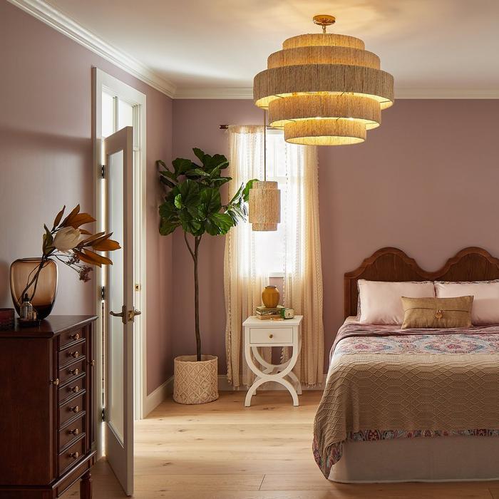 Modern victorian bedroom with the Caviana Single-Light Pendant, Spurlock Round Cabinet Knob in Antique Bronze, 48" Aliso Vanity