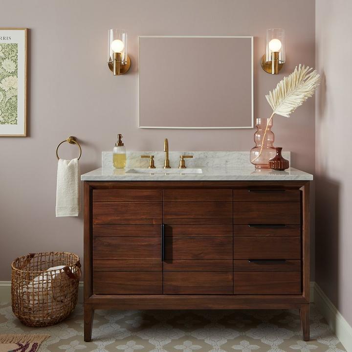 Modern victorian bathroom with 48" Aliso Vanity, Greyfield Widespread Bathroom Faucet, Towel Ring in Aged Brass, Andreo Sconce