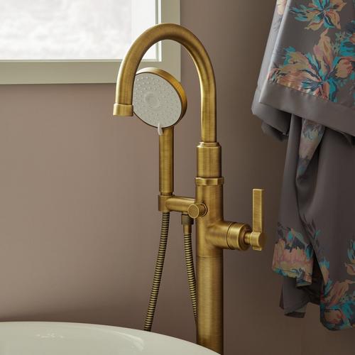 Greyfield Freestanding Tub Faucet with Hand Shower in Aged Brass