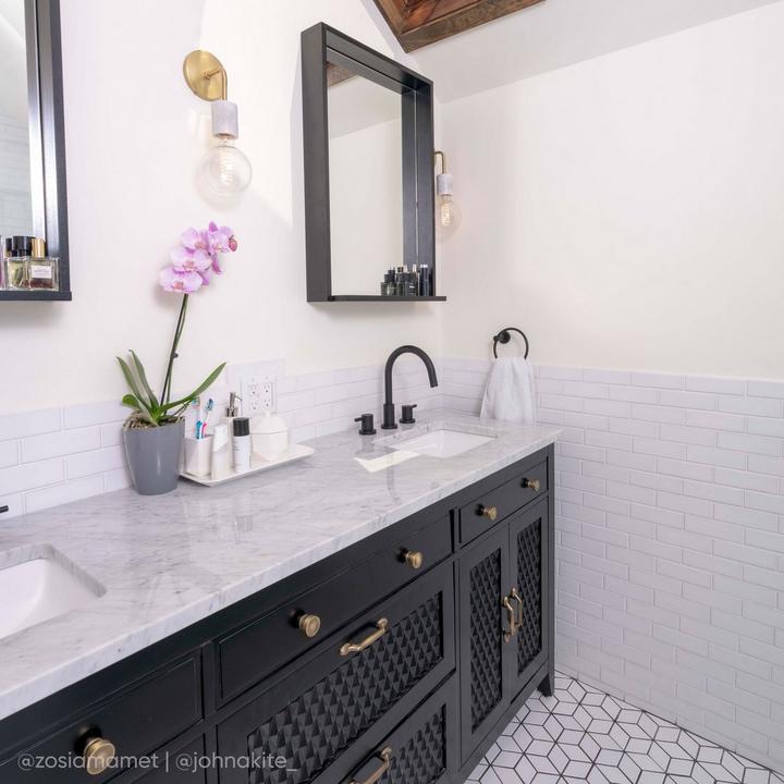 Bathroom of Zosia Mamet & Evan Jonigkeit with the Rotunda Widespread Faucet, Towel Ring in Matte Black