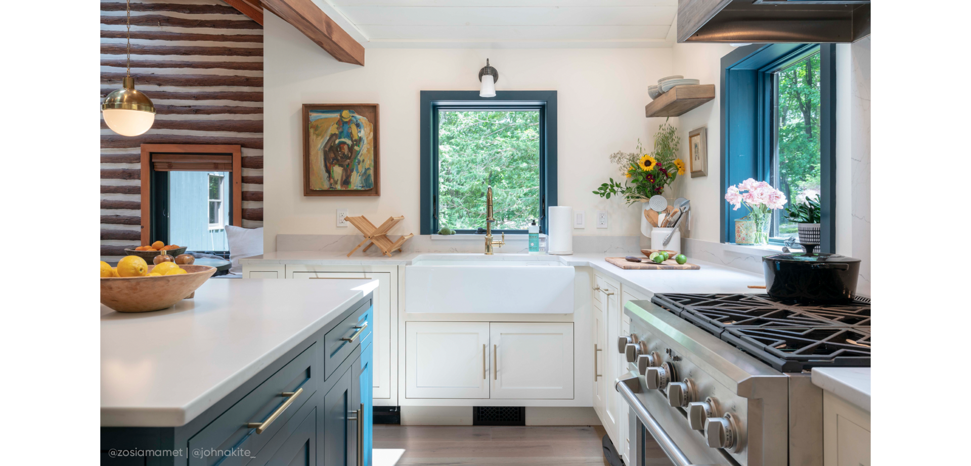 Kitchen of Zosia Mamet & Evan Jonigkeit with the Southgate Pull-Down Kitchen Faucet in Polished Brass, 36" Mitzy Farmhouse Sink