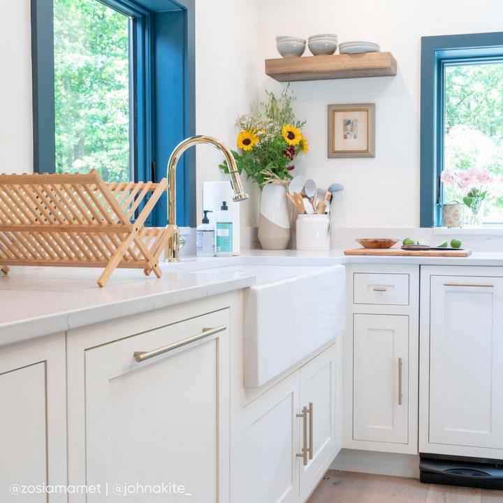 Southgate Kitchen Faucet in Polished Brass, 36" Mitzy Farmhouse Sink in kitchen designed by Zosia Mamet & Evan Jonigkeit